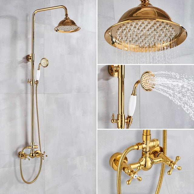 Gold Shower Faucet Polished Brass Marble Wall Mount Rain Shower