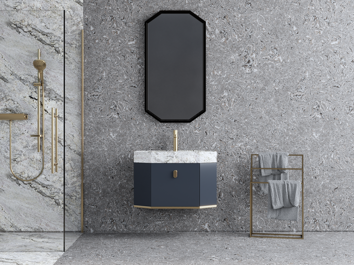 Finland - Grey Gun gloss/ brushed gold steel trim with calcutta natural stone intergrated into 1 sink