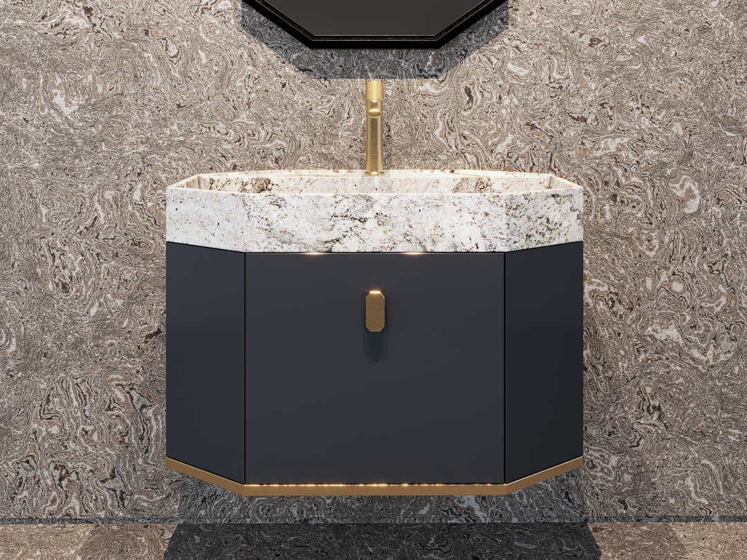 Finland - Grey Gun gloss/ brushed gold steel trim with calcutta natural stone intergrated into 1 sink