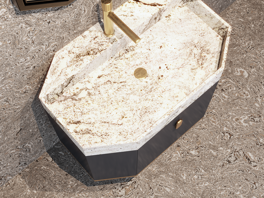 Finland - Grey Gun gloss/ brushed gold steel trim with calcutta natural stone intergrated into 1 sink