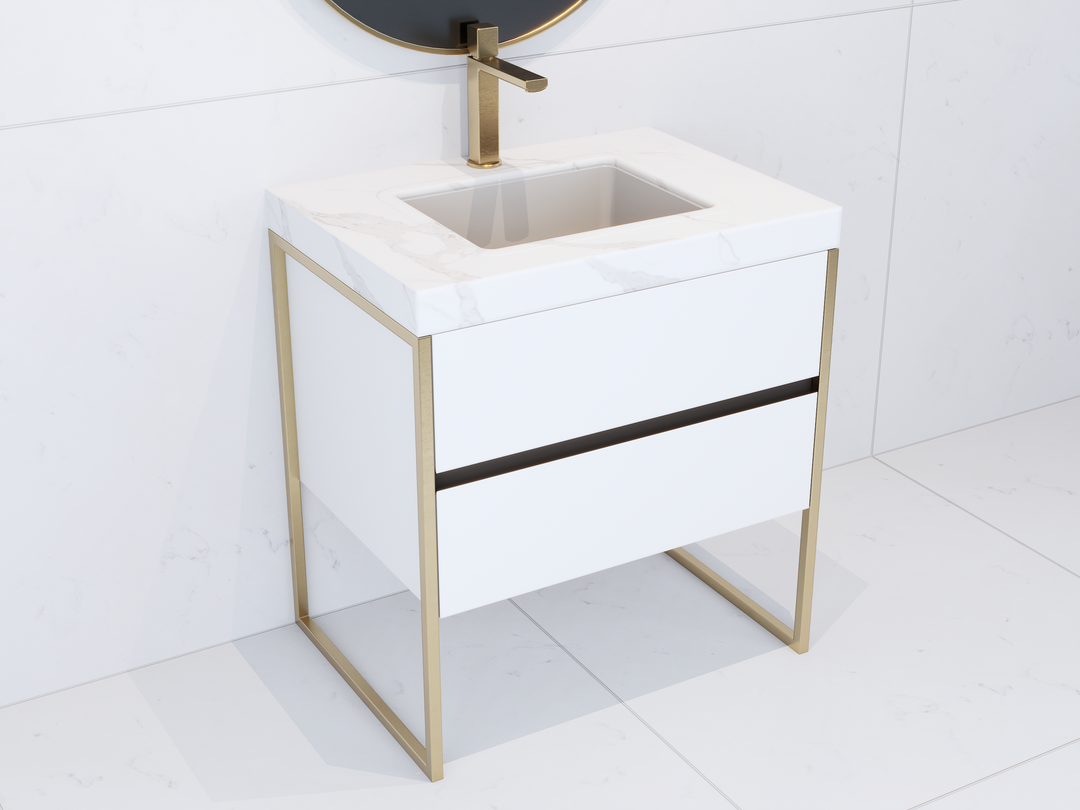 BELLA-White Matte freestanding bathroom vanity with brushed gold steel framed trim