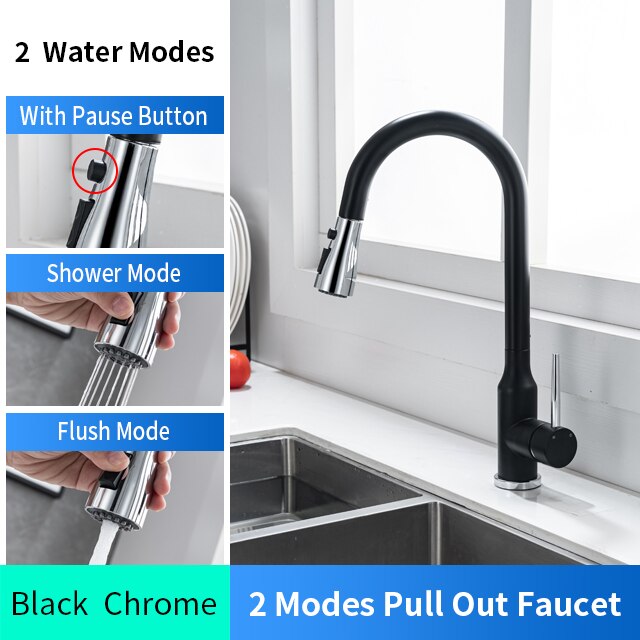 Black with brushed gold modern single hole pull out dual sprayer kitchen faucet