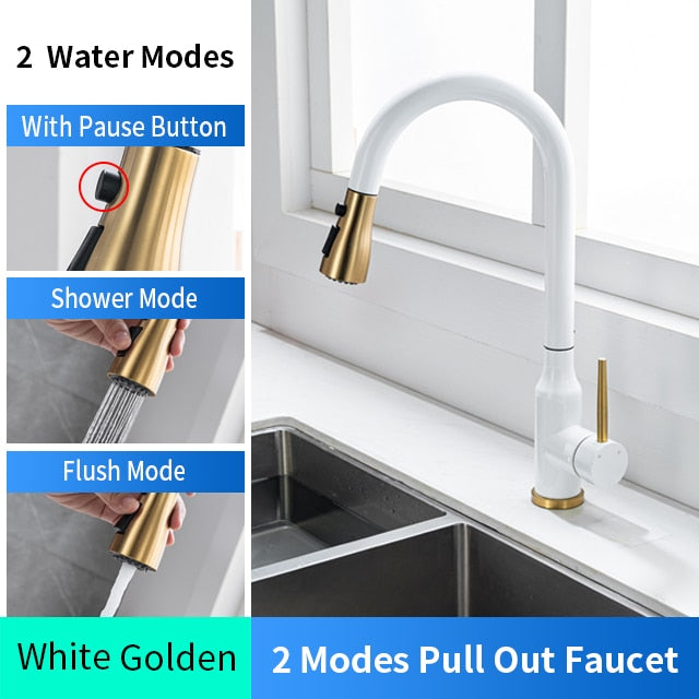 Black with brushed gold modern single hole pull out dual sprayer kitchen faucet