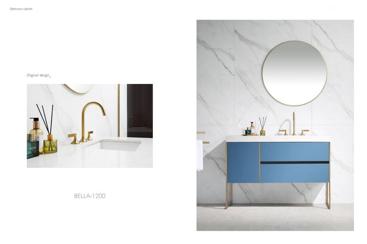 OPEN BOX MODEL- BELLA-Sky blue - freestanding bathroom vanity set with quartz top stainless steel framed brushed gold trim