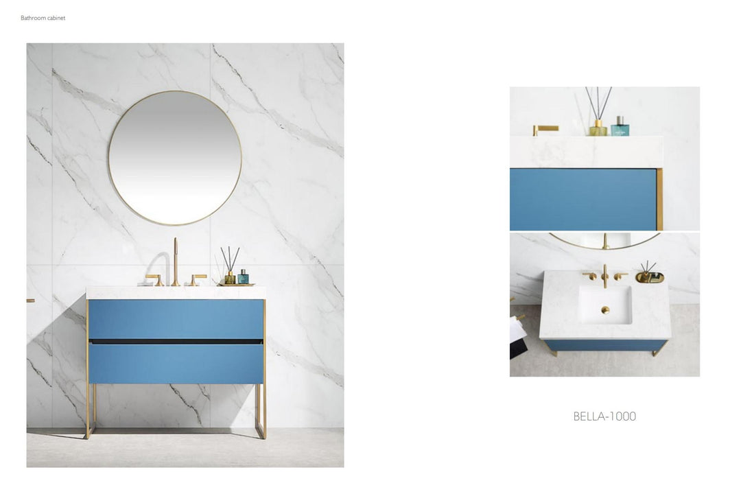 OPEN BOX MODEL- BELLA-Sky blue - freestanding bathroom vanity set with quartz top stainless steel framed brushed gold trim