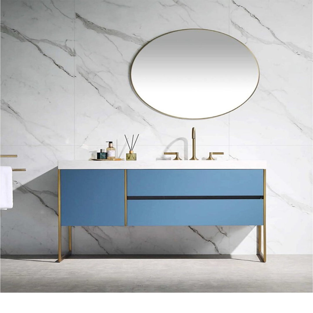 OPEN BOX MODEL- BELLA-Sky blue - freestanding bathroom vanity set with quartz top stainless steel framed brushed gold trim