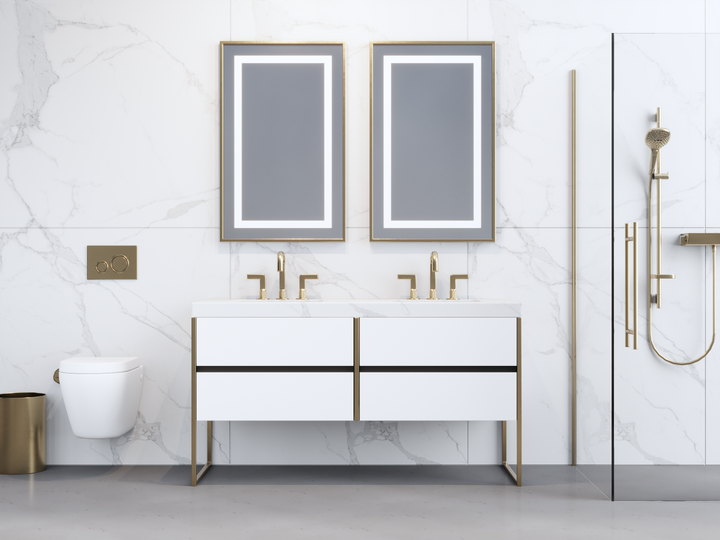 BELLA-White Matte freestanding bathroom vanity with brushed gold steel framed trim