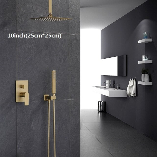 Brushed gold square 12 inch 3 way function diverter with hand spray and 6 body jets shower kit