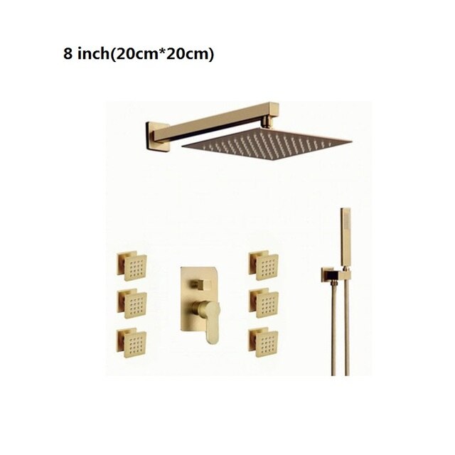 Brushed gold square 12 inch 3 way function diverter with hand spray and 6 body jets shower kit