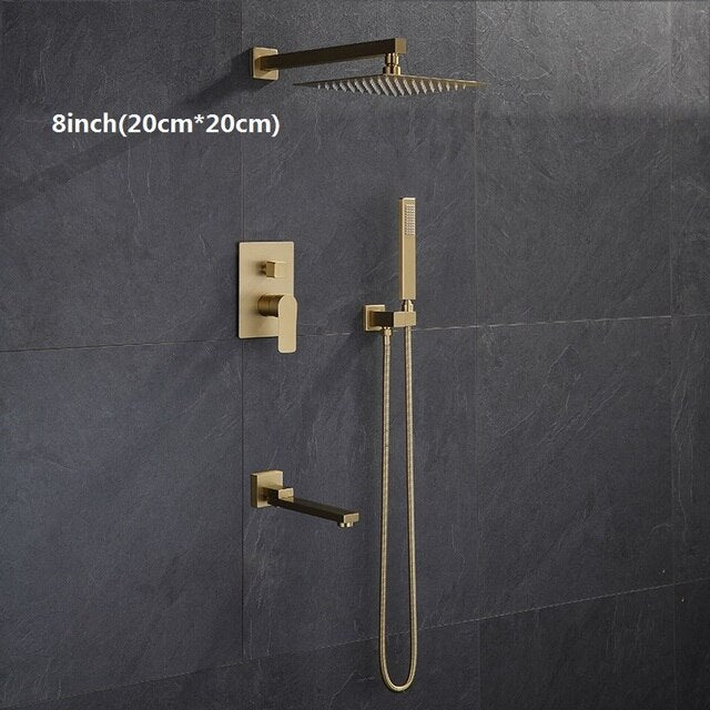 Brushed gold square 12 inch 3 way function diverter with hand spray and 6 body jets shower kit