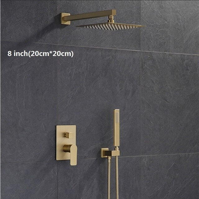 Brushed gold square 12 inch 3 way function diverter with hand spray and 6 body jets shower kit