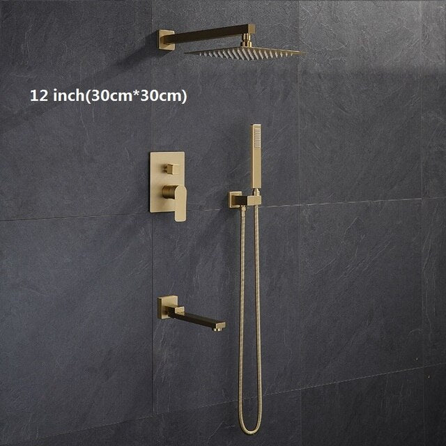 Brushed gold square 12 inch 3 way function diverter with hand spray and 6 body jets shower kit