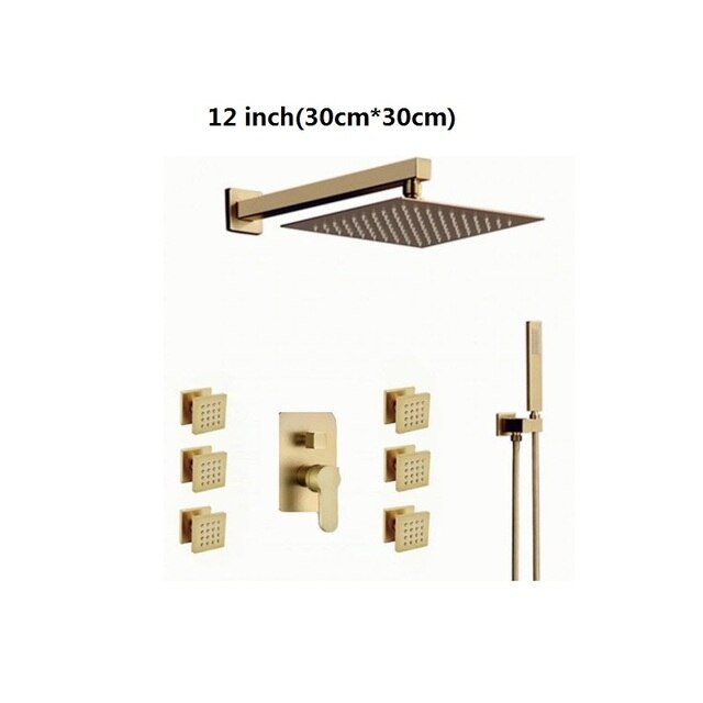 Brushed gold square 12 inch 3 way function diverter with hand spray and 6 body jets shower kit