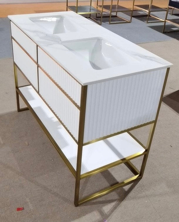 DOLCE 1926- WHITE ART DECO -SATIN BRUSHED GOLD STEEL FRAMED BATHROOM VANITY