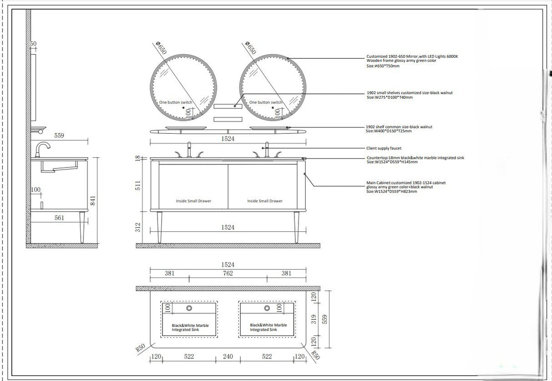 Turin- 60" Green Solid Walnut Wood Double sink bathroom vanity set