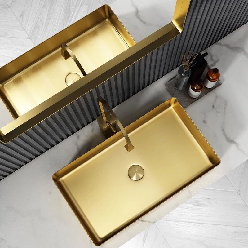 Brushed gold rectangular stainless steel vessel sink