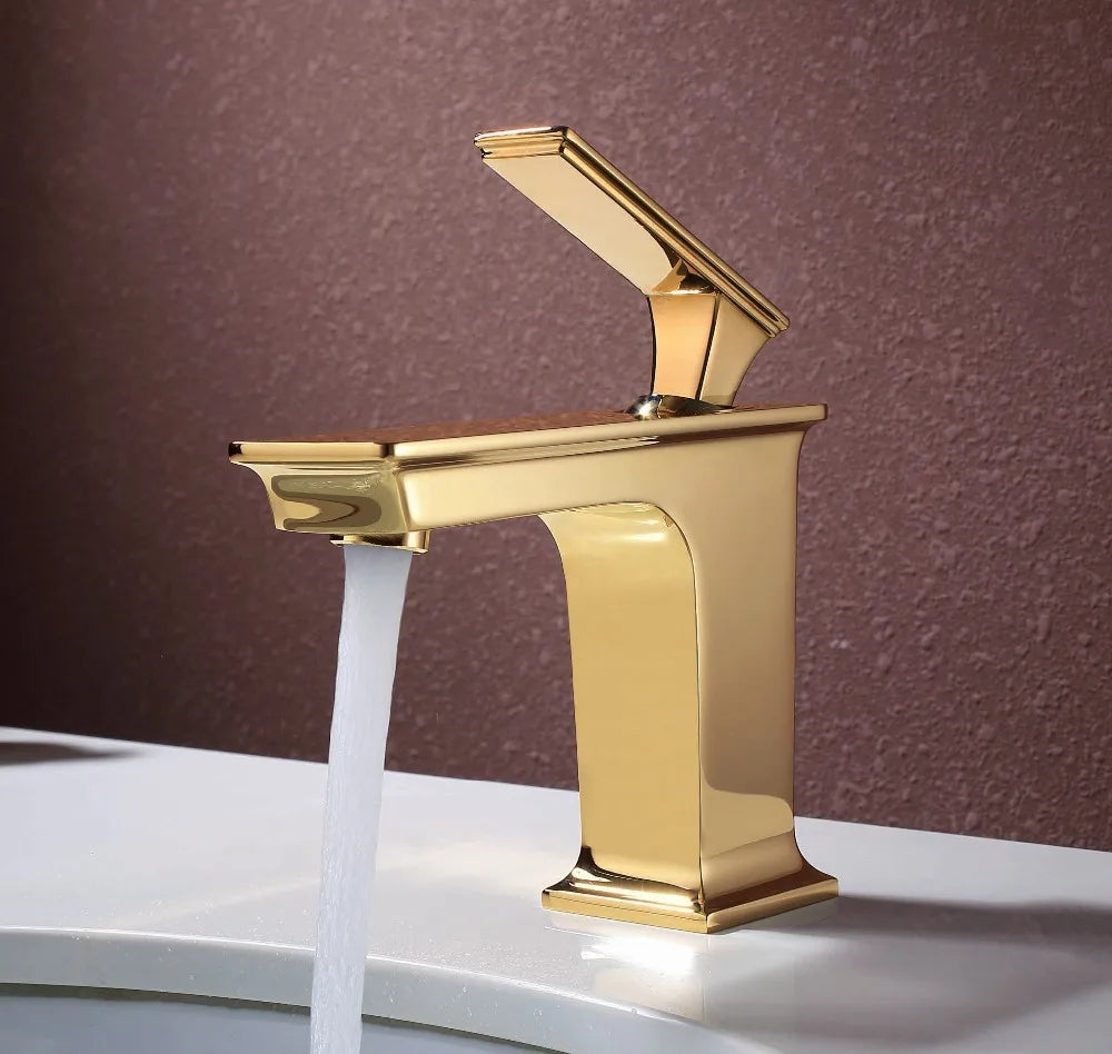 Free ship ti-gold square bathroom basin vessel sink faucet mixer tap deck mounted Crystal handles Single Hole