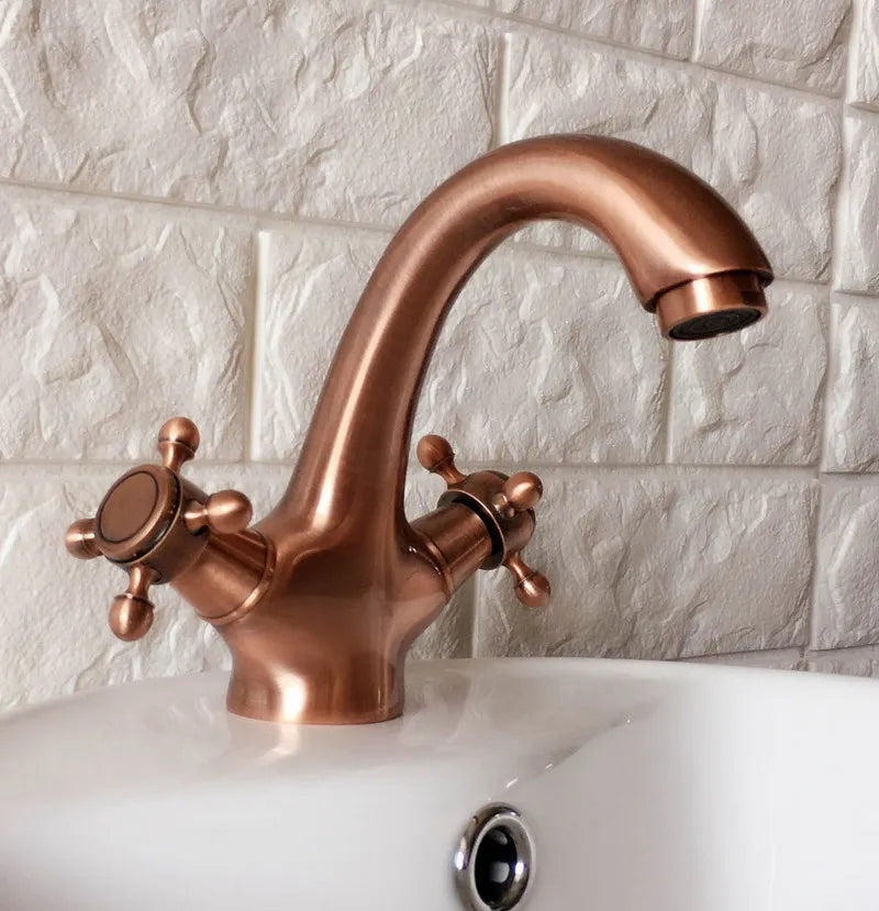 Copper satin victorian hot and cold cross handles single hole bathroo faucet