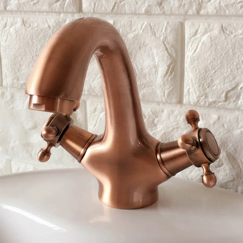 Copper satin victorian hot and cold cross handles single hole bathroo faucet