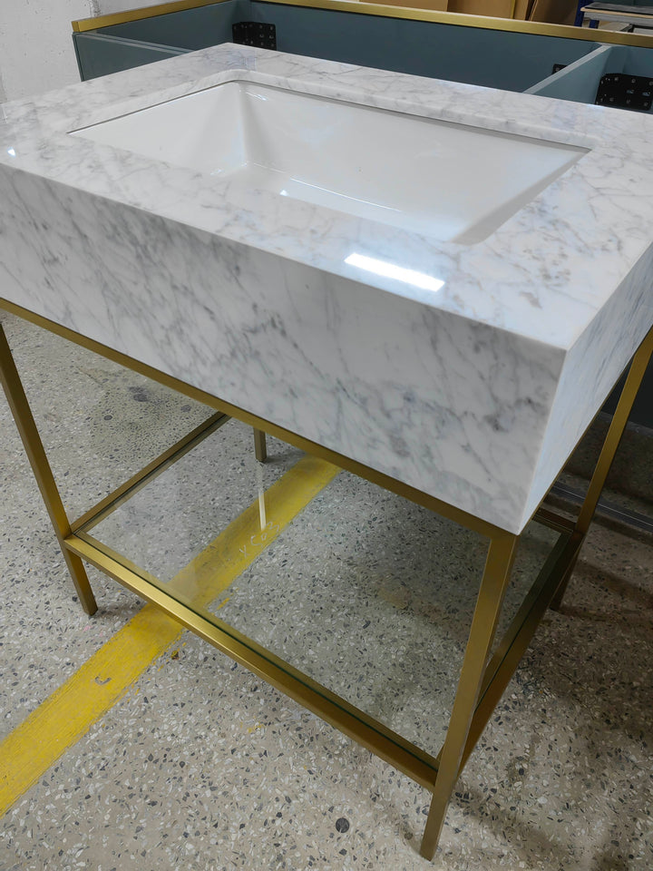 MILANO-Modern Exposed Console brushed gold steel with Carrera Marble vanity