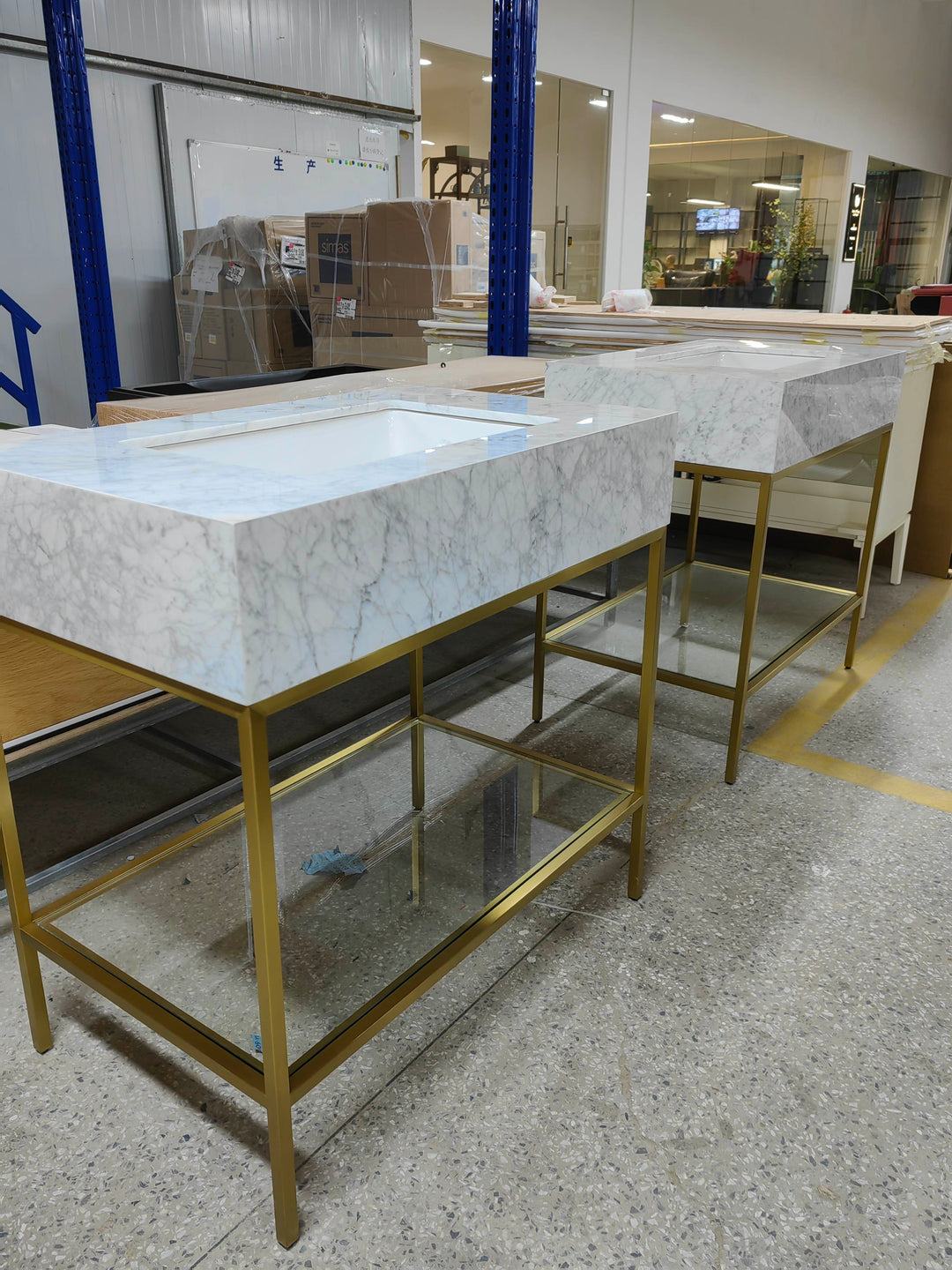 MILANO-Modern Exposed Console brushed gold steel with Carrera Marble vanity