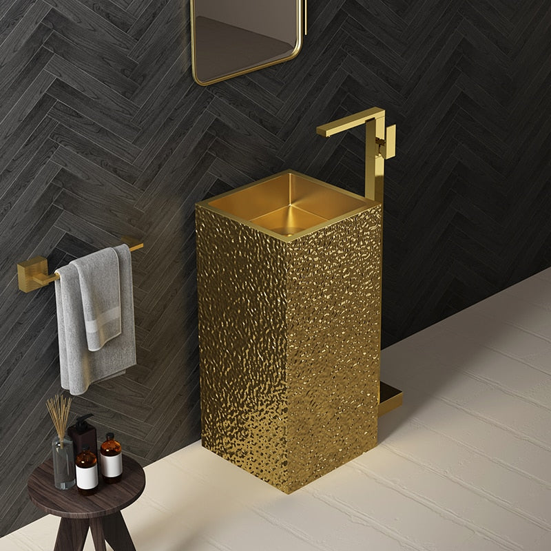 Nordic Square Design Brushed Gold-Black Gun Hand made hammered pedestal sink