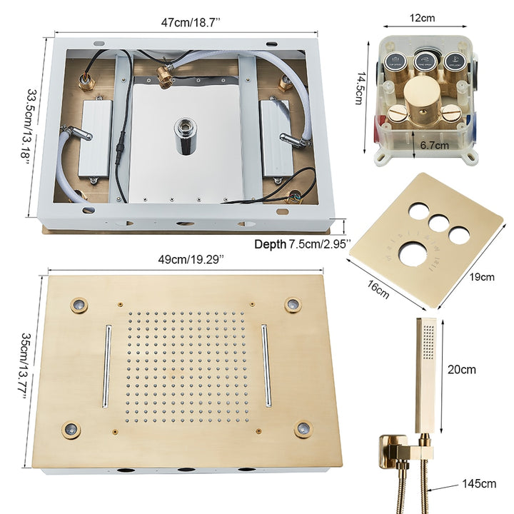 New 2023 20X13" Flush ceiling mount led rain shower head with 3 way thermostatic push buttom diverter valve shower set