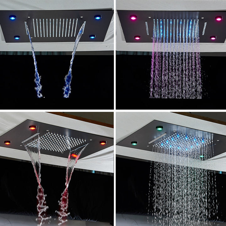 Black LED Rain Waterfall Shower Head Remote Control LED Colors Ceiling Mounted Shower Head 50*35cm