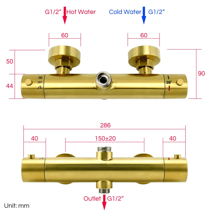 Brushed gold modern exposed thermostatic 2 way function shower system