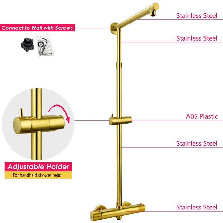 Brushed gold modern exposed thermostatic 2 way function shower system