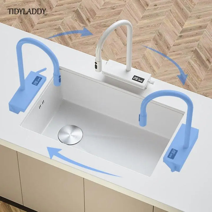 White Stainless Steel Waterfall Kitchen Faucets Kitchen Sink with Digital Display Under Stage Basin Kitchen Novel Accessories