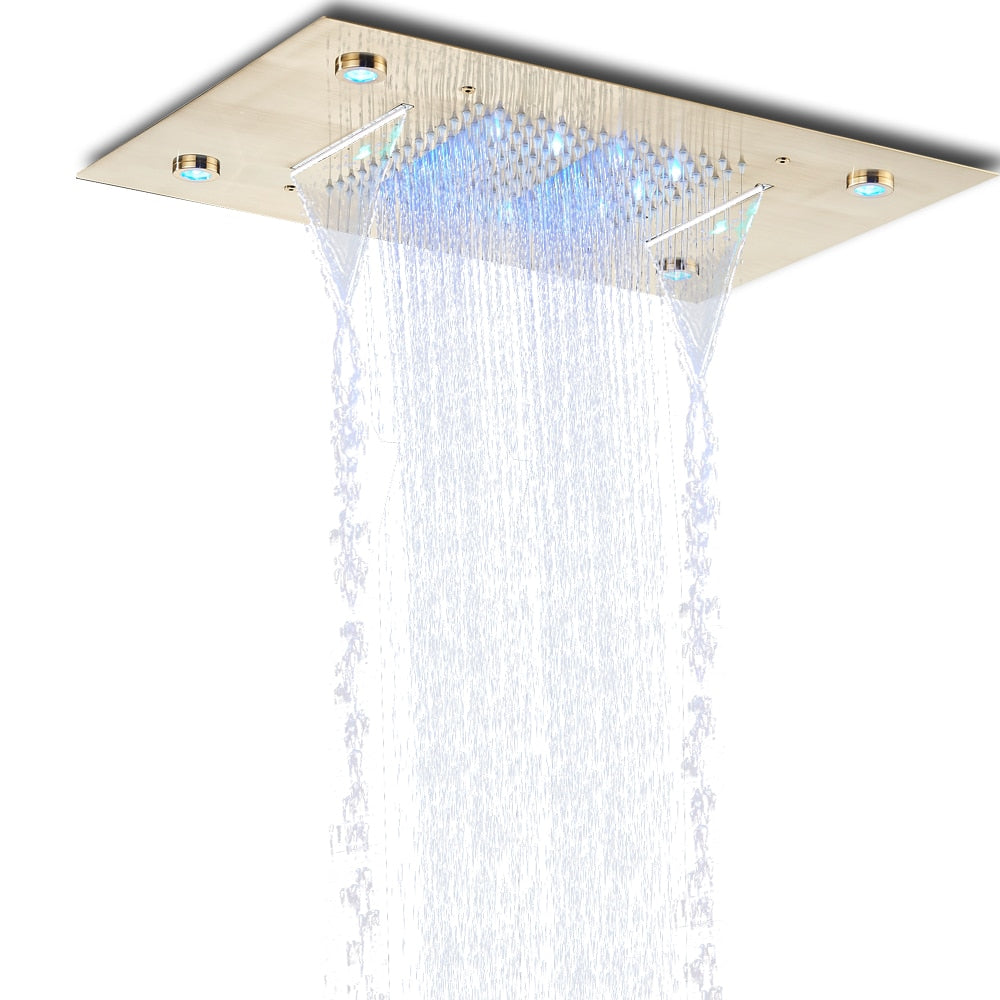 Black LED Rain Waterfall Shower Head Remote Control LED Colors Ceiling Mounted Shower Head 50*35cm