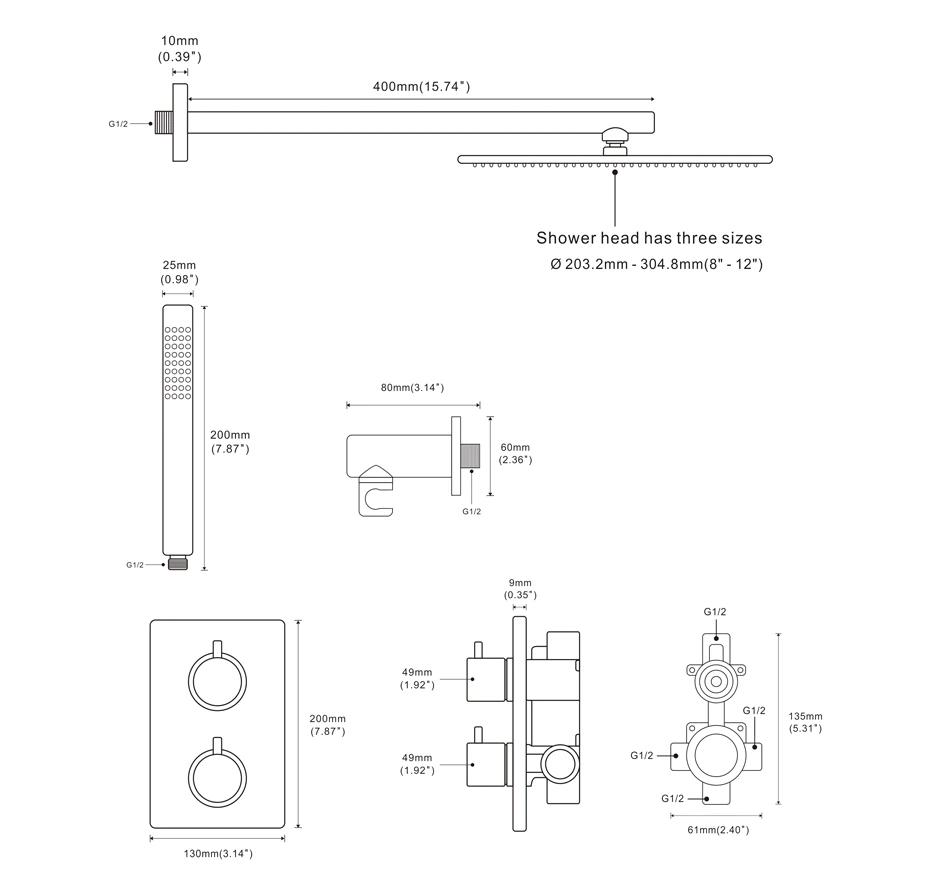 Chrome square 12 inches thermostatic 2 way shower kit set-CUPC-CSA