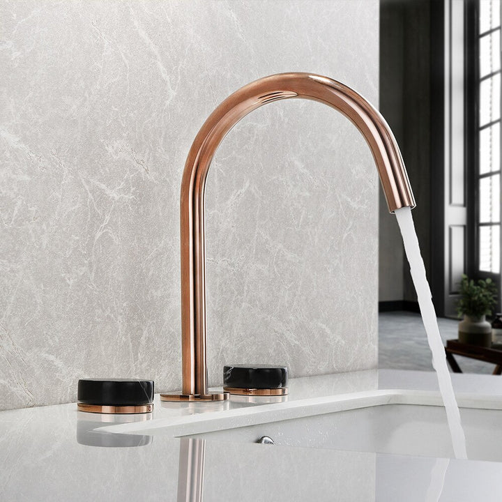 Rose gold with black handle 8" inch wide spread bathroom faucet