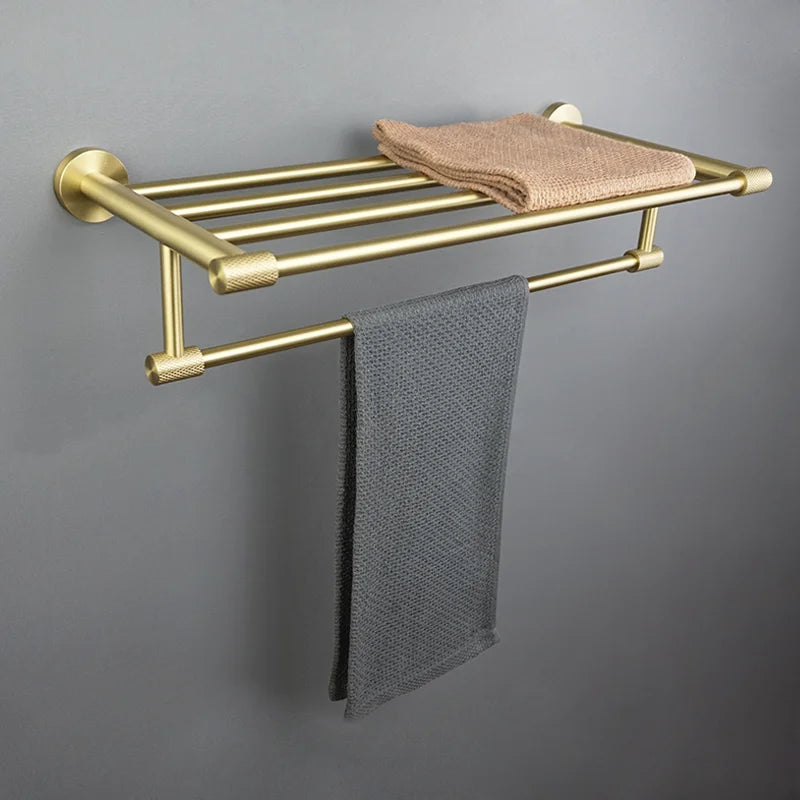 Brushed Gold Robe Hook Towel Rail Bar Rack Toilet Brush Tissue Paper Holder Soap Dish Shelf