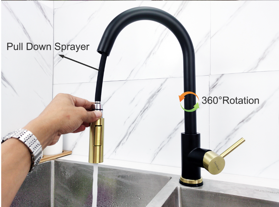 YORK-Black matte with brushed gold 2 tone touchless pull out dual spray kitchen faucet