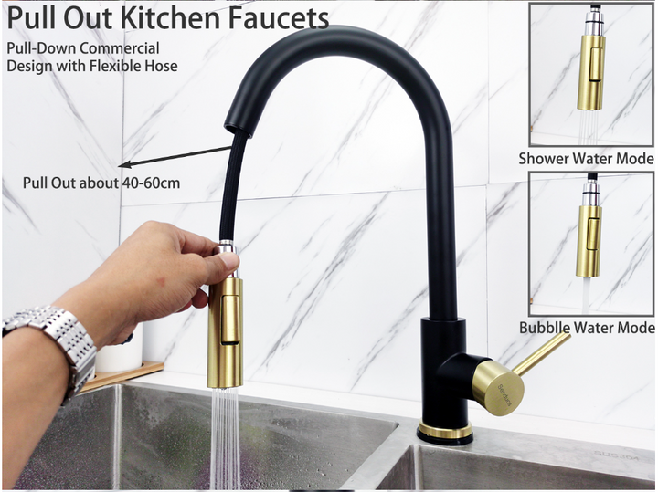 YORK-Black matte with brushed gold 2 tone touchless pull out dual spray kitchen faucet