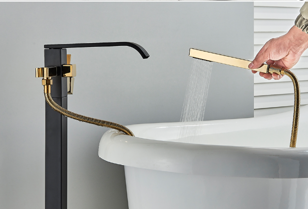 Zurich-Black with gold polished two tone freestanding bathtub filler faucet