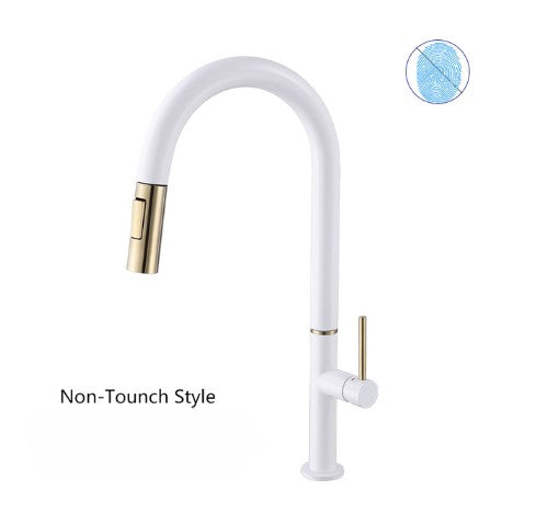 Rotterdam- White with Brushed Gold Tone Tall Sleek Design pull out dual spray kitchen faucet