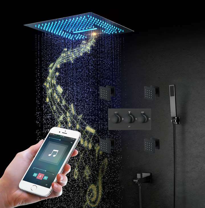 Black 12"x12" Square SPA Ceiling Flushmount LED Rain head, Bluetooth Wifi Music 4 way function shower system kit