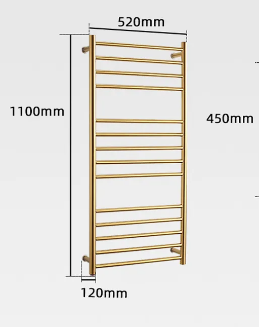 Gold polished brass electric hardwired towel warmer CSA size 43" x 24"