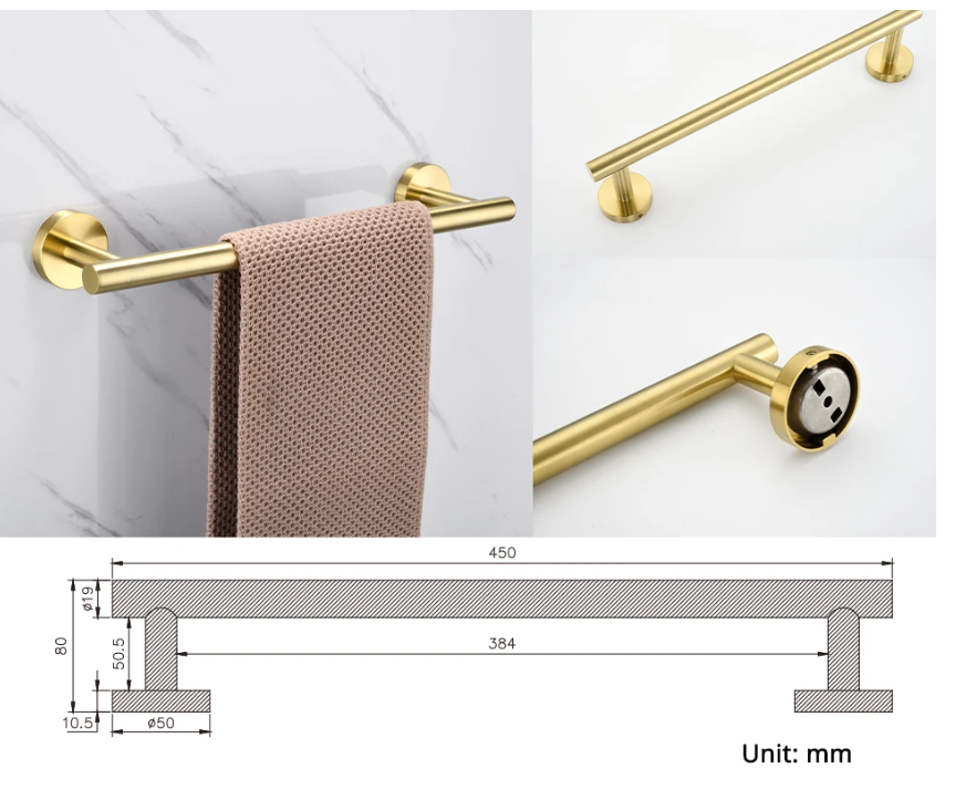 Brushed Gold Stainless Steel Round Wall Mounted Hand Towel Bar-Paper Holder Robe Towel Hooks Bathroom Accessories Kit