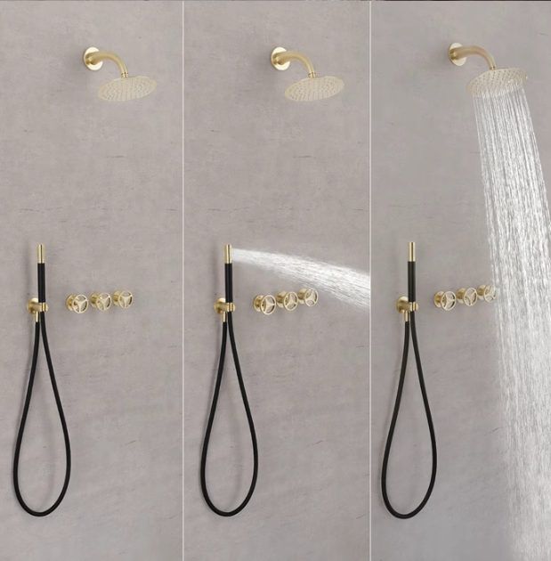 Bergen-Nordic Industrial design brushed gold 3 seperate volume control pressure balance 2 way shower kit