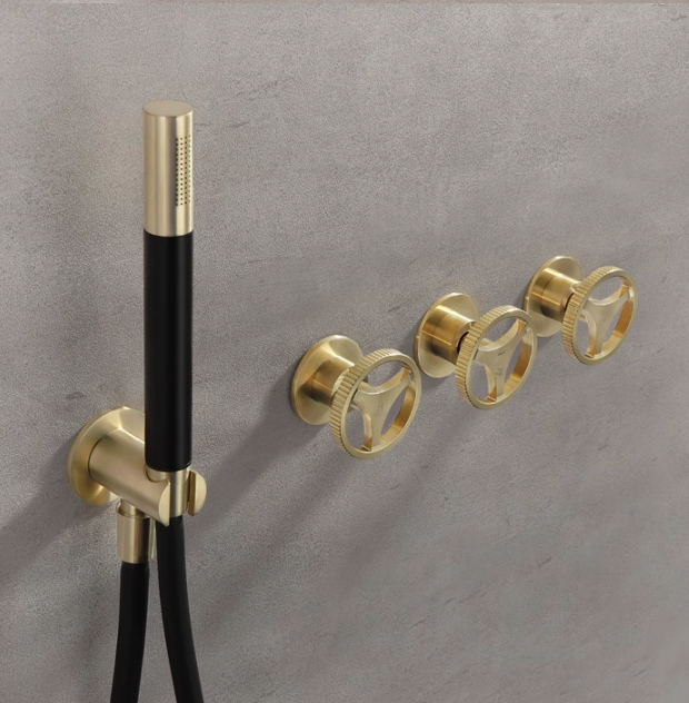 Bergen-Nordic Industrial design brushed gold 3 seperate volume control pressure balance 2 way shower kit