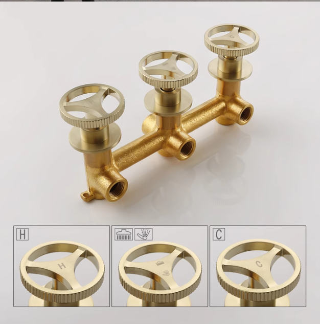 Bergen-Nordic Industrial design brushed gold 3 seperate volume control pressure balance 2 way shower kit