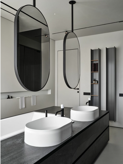 Custom-Black Matte Oval ceiling mount pendant bathroom mirror NO LED