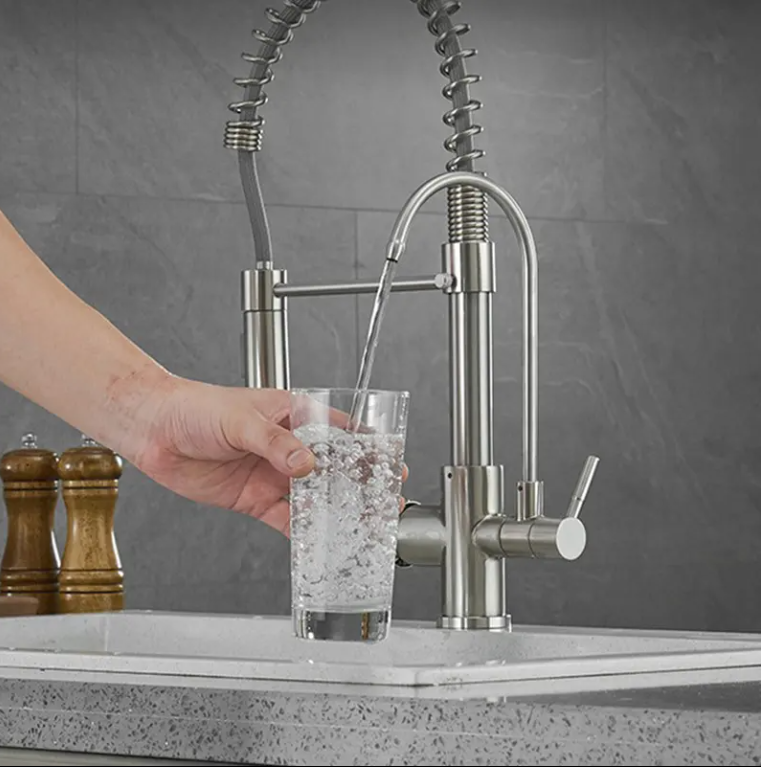 Brushed nickel 2 way kitchen faucet and reverse osmosis water filtration faucet