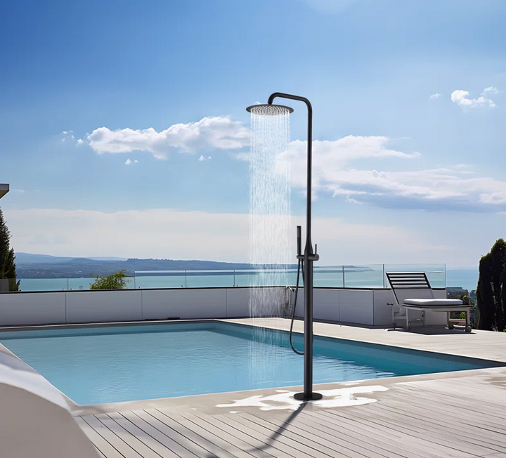 Black Outdoor 2 Way Shower Floor Standing swimming pool with 10 Inch Round LED Rain Head