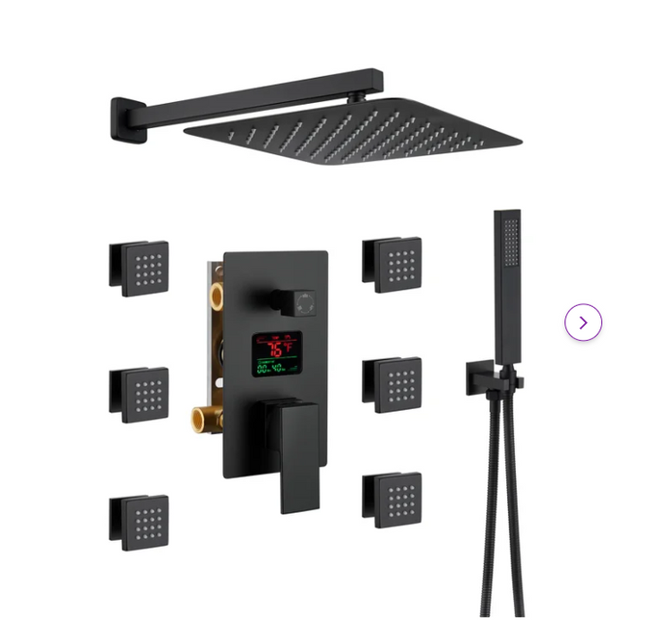 TOKYO-Black CSA  Square Ceiling Mount LED Temperature Thermostatic Control With 6 Body Jet Massage Sprayers Completed Shower Kit