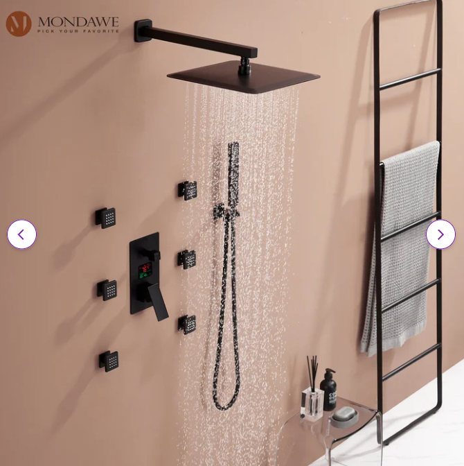 TOKYO-Black CSA  Square Ceiling Mount LED Temperature Thermostatic Control With 6 Body Jet Massage Sprayers Completed Shower Kit